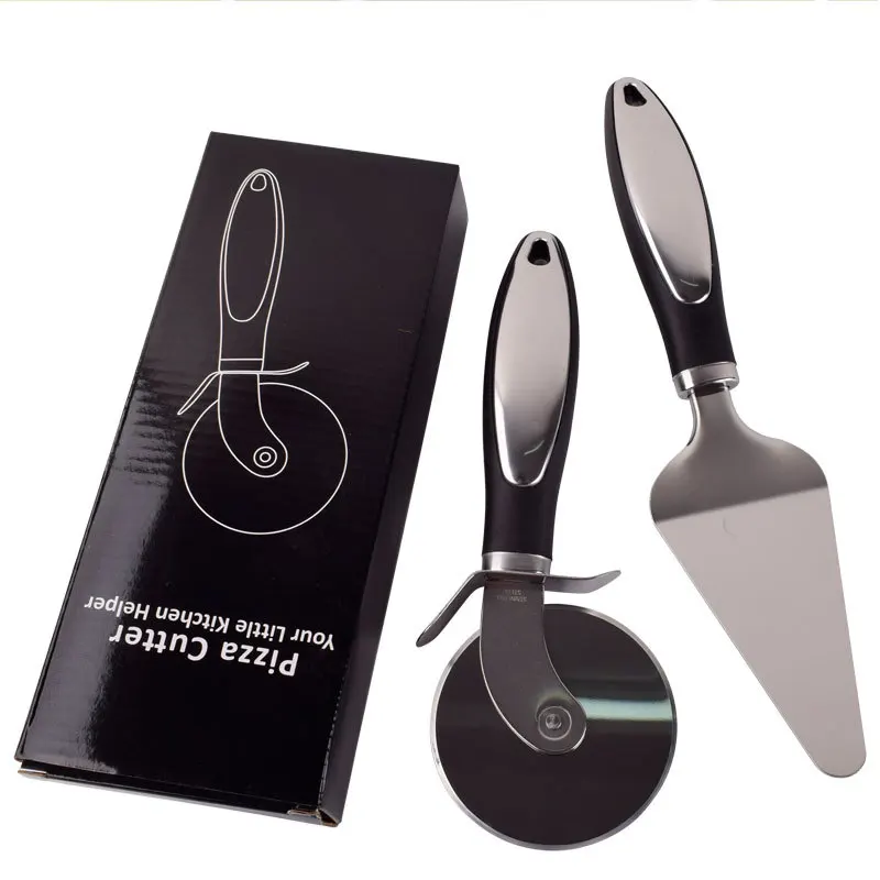 Novelty Custom Logo Safety Blade Guard 2Pcs Stainless Steel Pie Pizza Cutter Wheel Server Set With Anti-slip TPR Handle