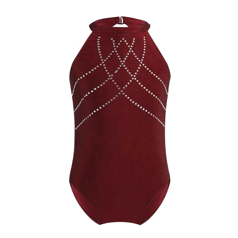 
Kids Girls Halter Neck Sleeveless Crystal Adorned Leotard Ballet Latin Dance Performance Costume 