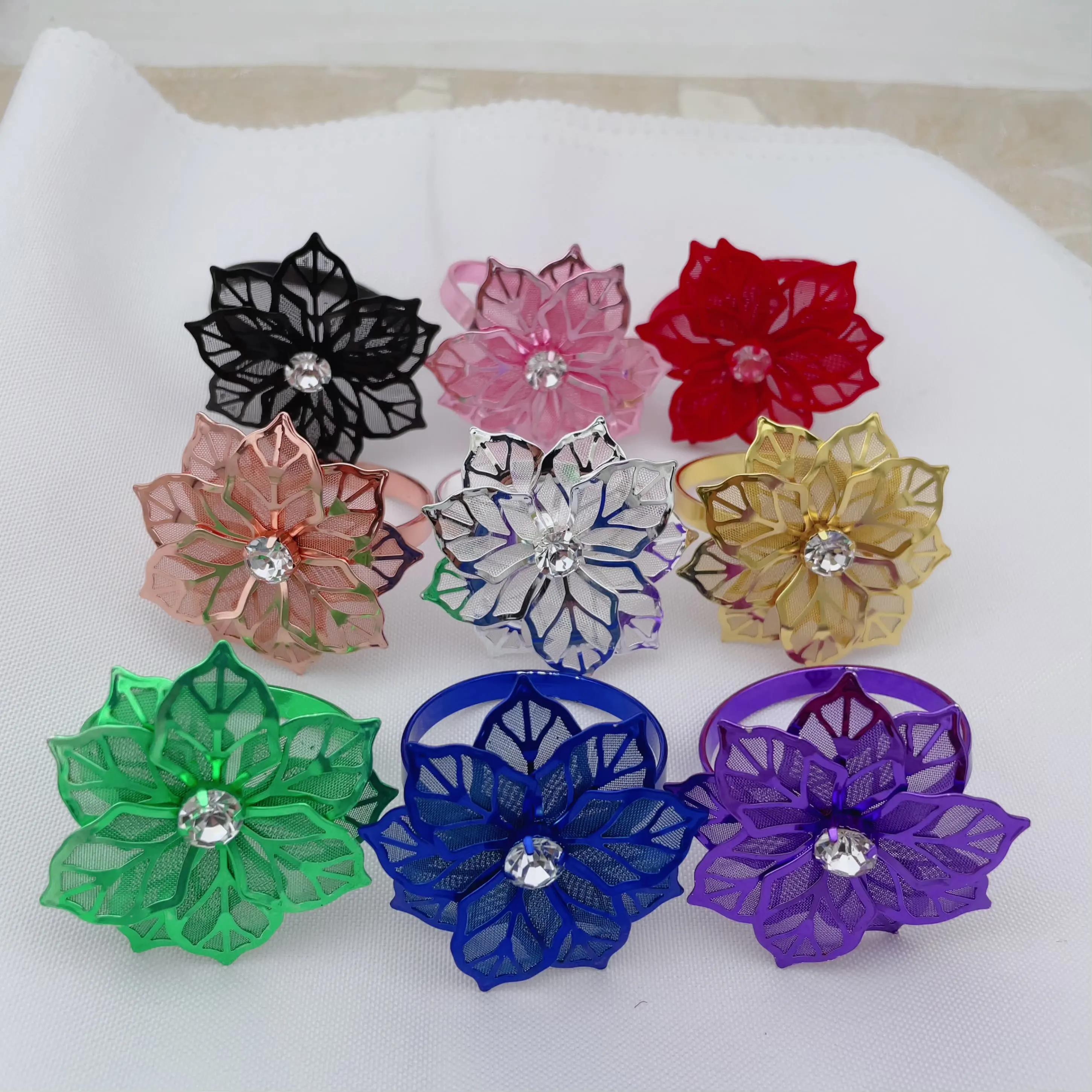 luxury black easter luxury diamond napkin rings set accessories gold silver brass red flower leaf crystal wedding fancy alloy