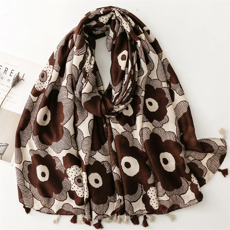 Autumn Thick Warm Black Flower Viscose Cotton Printed Scarf Indoor Shawl Muslim Women Head Wraps Dubai Arab Hijab Scarves