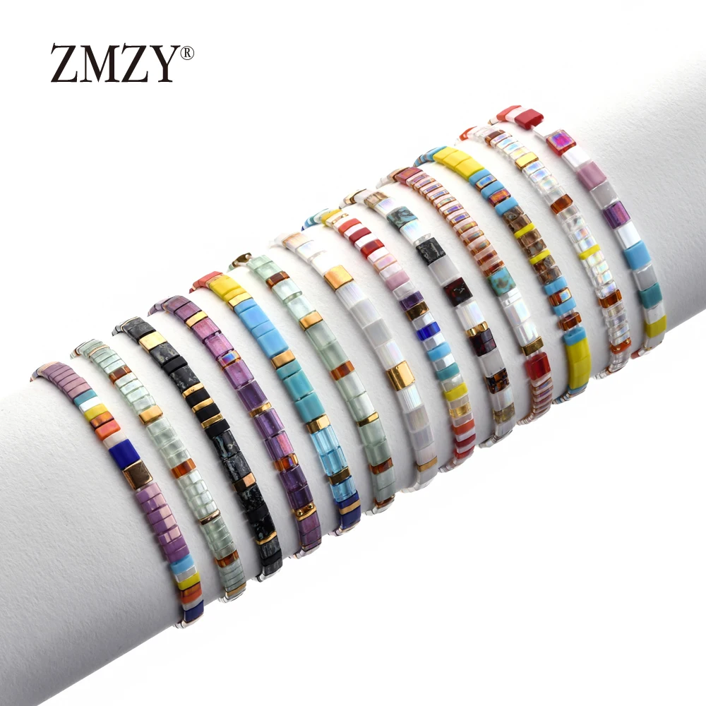 Popular Bohemia New Design Miyuki Bead Elastic Bracelet Rainbow Painted Color Tile Beads Handmade Enamel Bracelet