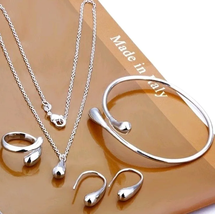 VKME New Fashion 4pcs/set Silver Drop Women Jewelry Set Necklace Earrings Twisted Rings And Bangle Gold Plated Jewelry Sets
