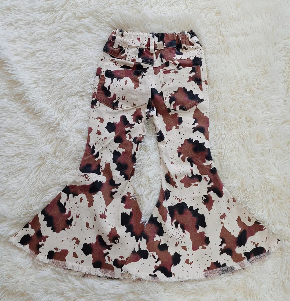 Wholesale New Baby Girls Distressed Cow Print Flared Jeans Kids Cowhide Printed Bell Bottoms Pants