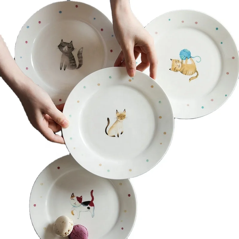 Ceramic Plate Dinner Plate with Cute Cat Design for Creative Cartoon Plate Dish Dinnerware Round Customized Pattern Kitchen