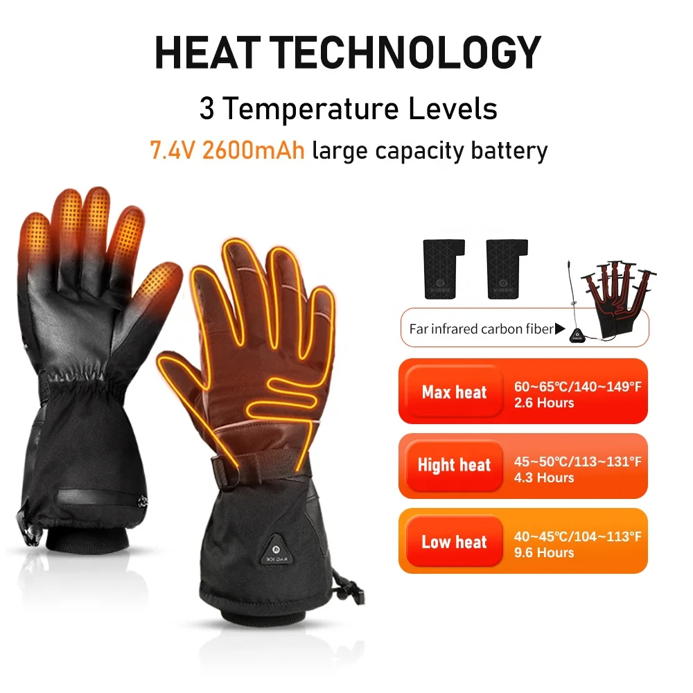 Водонепроницаемые перчатки с подогревом для мужчин и женщин, водонепроницаемые кожаные зимние лыжные теплые перчатки с электрическим перезаряжаемым аккумулятором