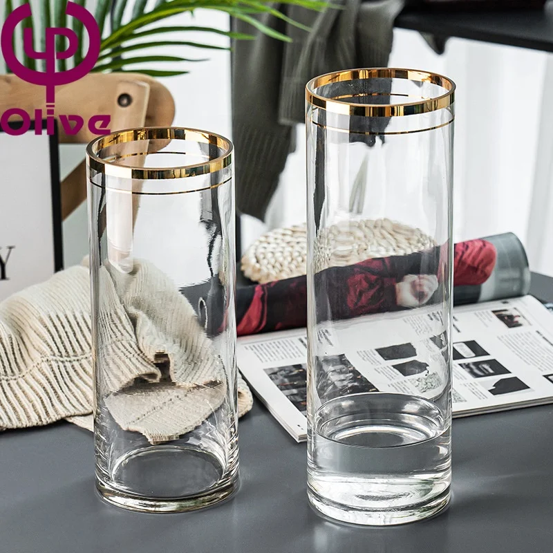 Smart reusable Eco-friendly water nourishing decorative cylindrical thickened grinding hand gold rimmed straight glass vase