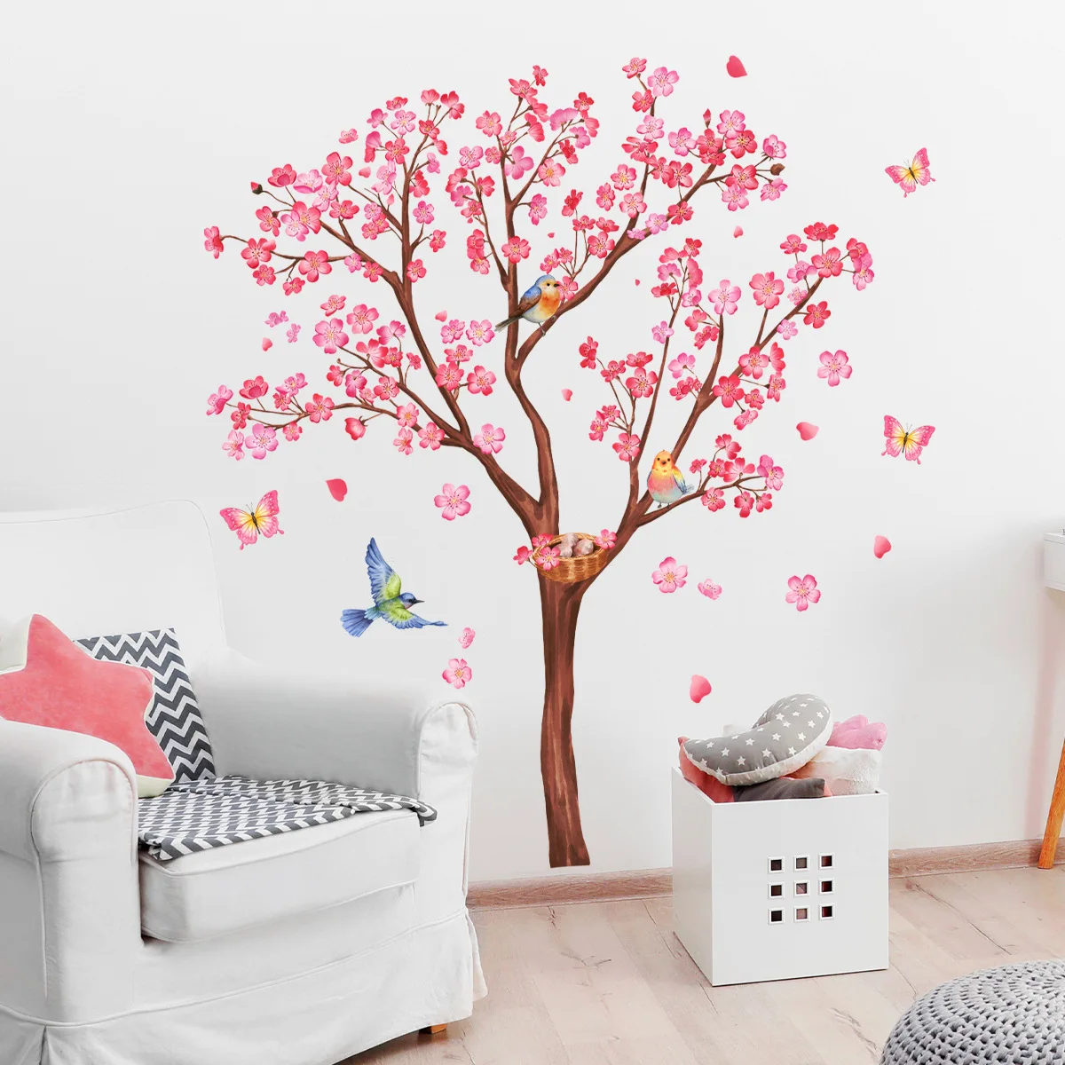 Pink Plum Blossom Tree Wall Sticker butterfly dancing gracefully Decals Living Room Decorative Wallpaper