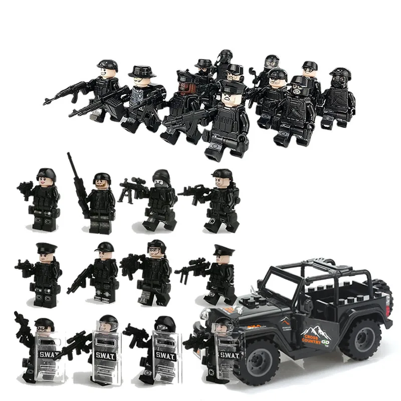 SUV + 24Pcs Soldiers with Weapons and Accessories SWAT Military Building Blocks Mini Action Figures Set Kids Block Toys