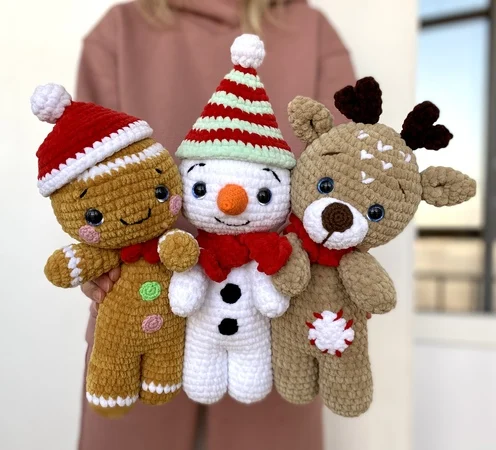 Kids Christmas Plush Crochet Doll Adorable Knit Fluffy Stuffed Amigurumi Toys Crochet Reindeer Snowman