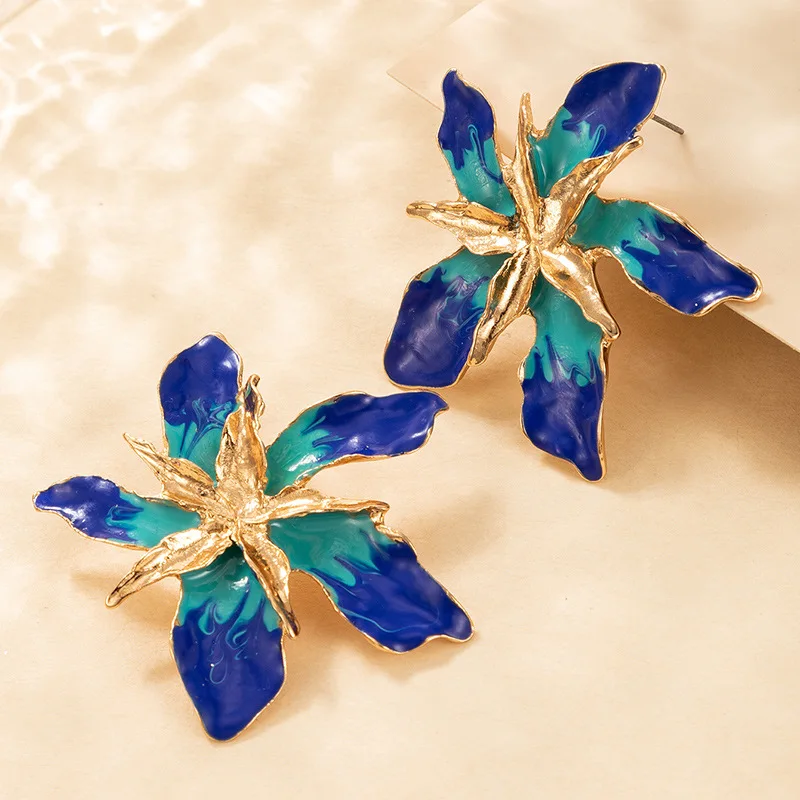 Fashionable personality exaggerated multi-layer metal alloy blue flower earrings jewelry women for 2023
