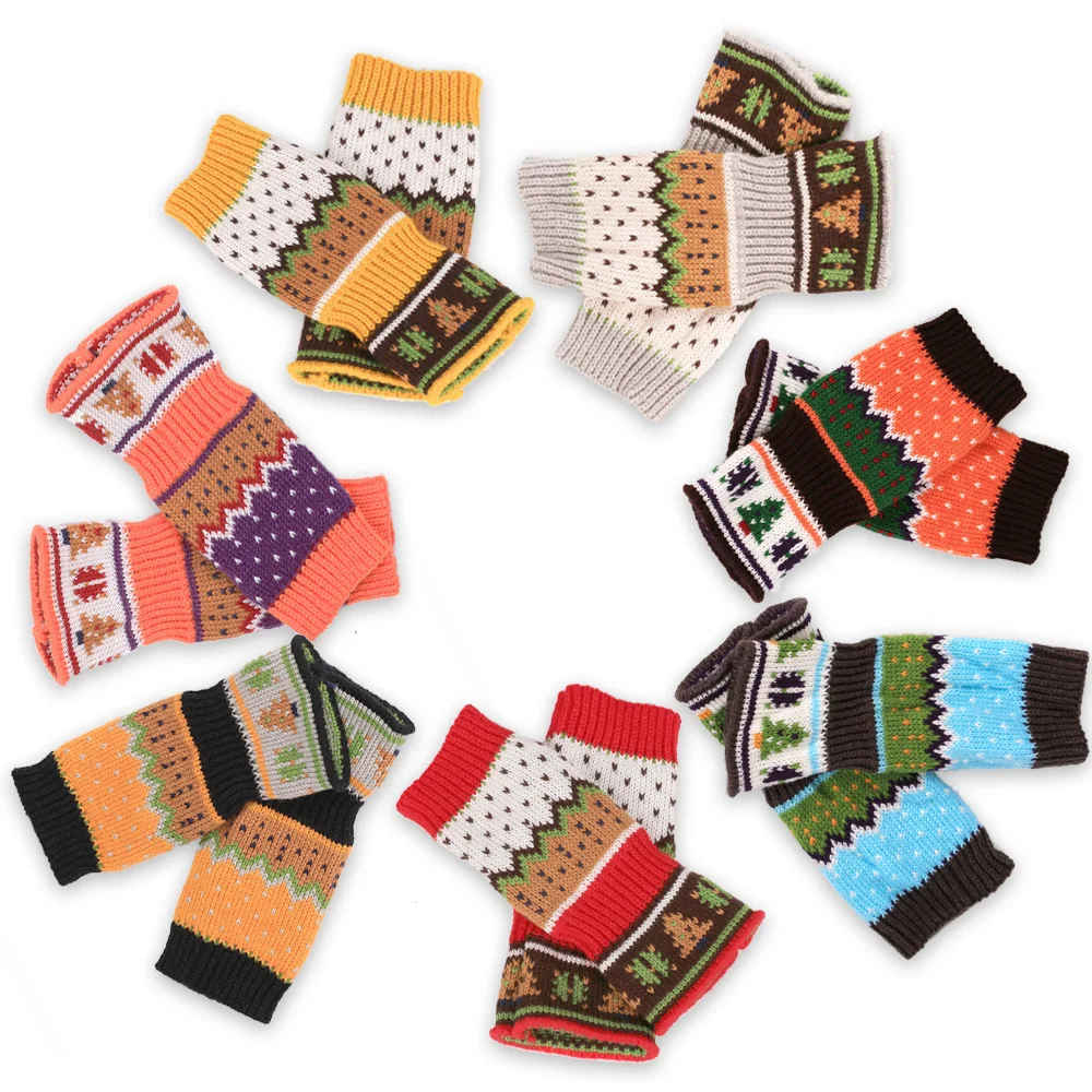 Women Winter Warm Knit Fingerless Gloves Hand Crochet Thumbhole Christmas Arm Warmers Mittens Gift