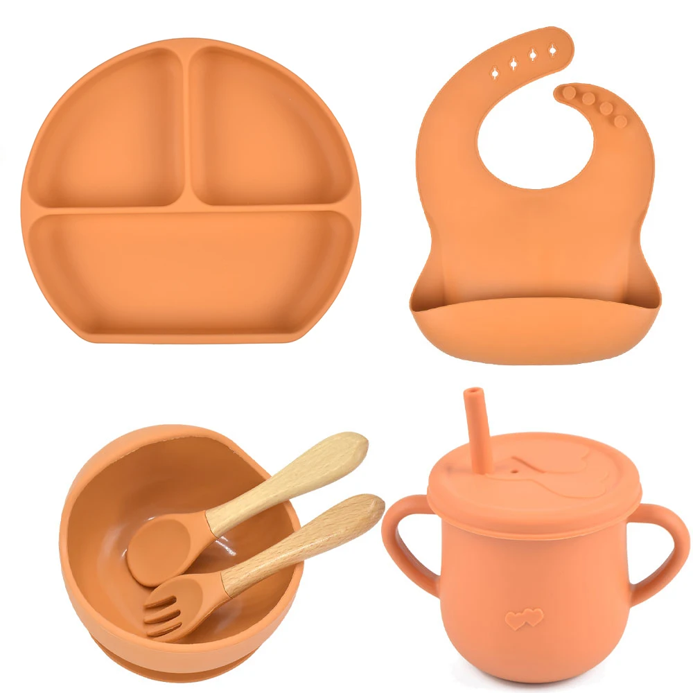 New Feeding Supplies 6PCS Stock Baby Silicone Feeding Set Baby Suction Plate, Bowl, Bib, Sippy Cup Set