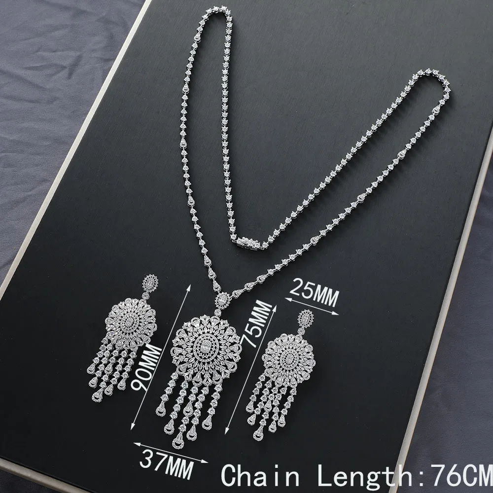 Necklace Long Tassel Pendant Mirco Paved Zirconia Necklace Earring Jewelry Set For Middle East Market