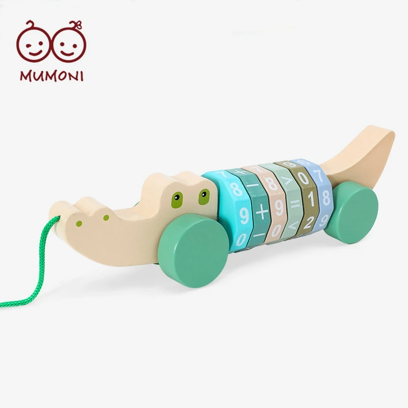 Popular kids number game blocks pulling animals car design arithmetic cylindrical cube preschool wooden digital toys