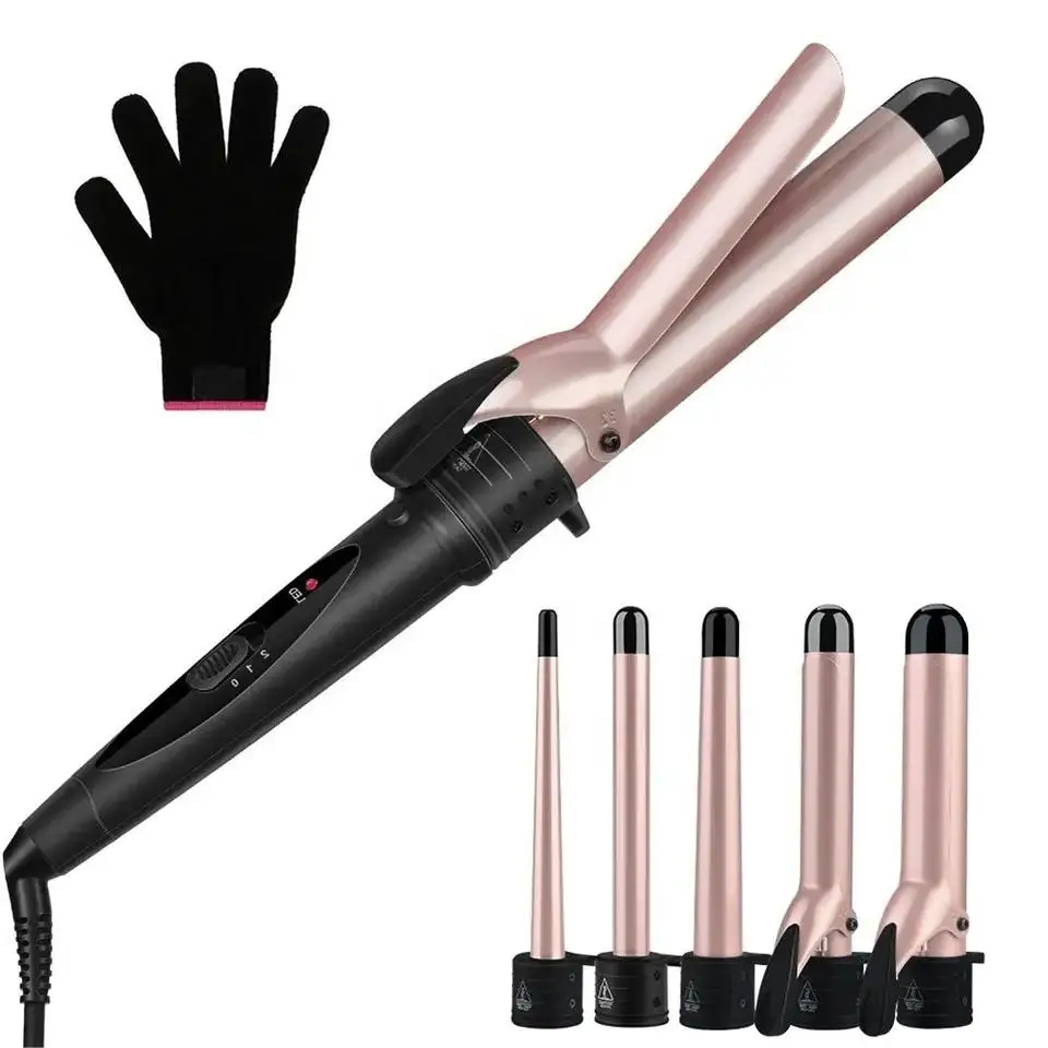 Biumart Hot Sale 5 In 1 Curling Wand Set New Styler Step Portable Hair Waver Rotating Curling Iron Travel Home Use Hair Curler
