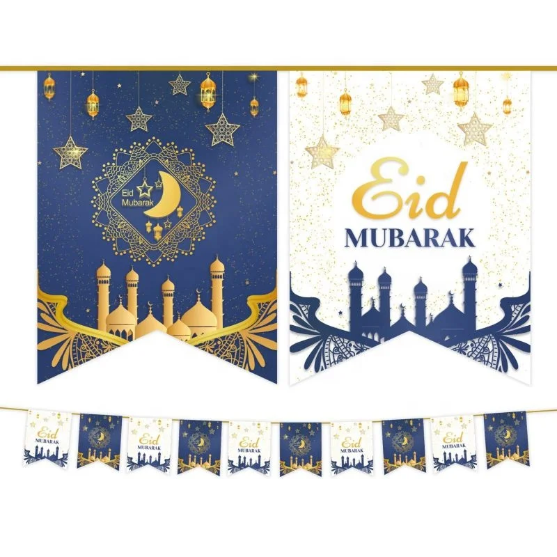 MorSun Eid Mubarak Bunting Banner with Lantern Moon Castle Garland Sign for Ramadan Festival Celebration Party Decorations