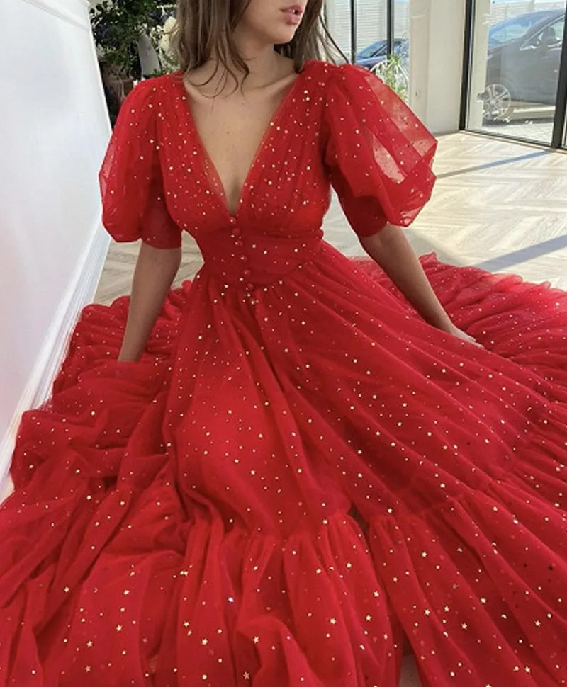 Modern Style Women Clothing V-Neck Lantern Sleeve Bright Mesh Women Evening Dress