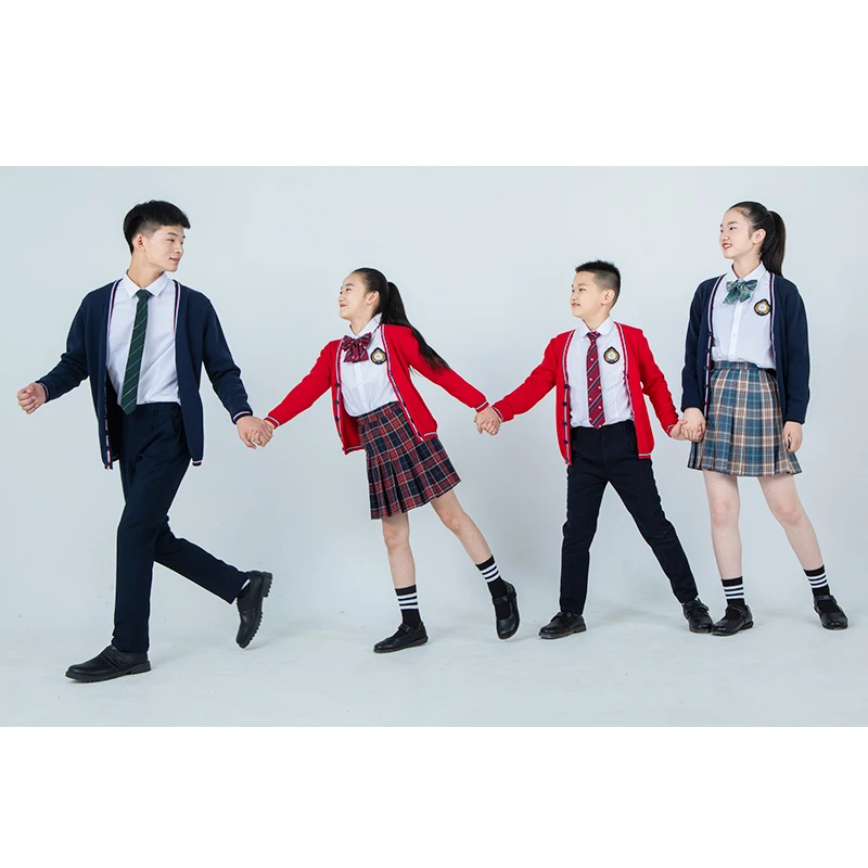 OEM  Beautiful Girls High School Uniform Custom Korean Dress Plaid Skirts Pants Sweater Suit Kids Uniform