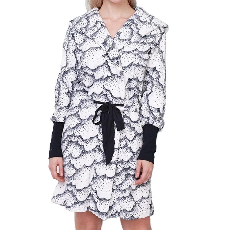 Thermal Long Sleeve Slik Pajamas for Women Feature Print Plus Size Sleepwear Flannel Homewear Dress