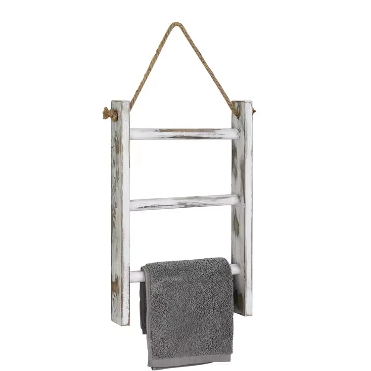 Towel Rack 3 Tier Whitewashed Wood Bathroom Decor Wall Hanging Towel Storage Ladder with Rope for Farmhouse Room Decor