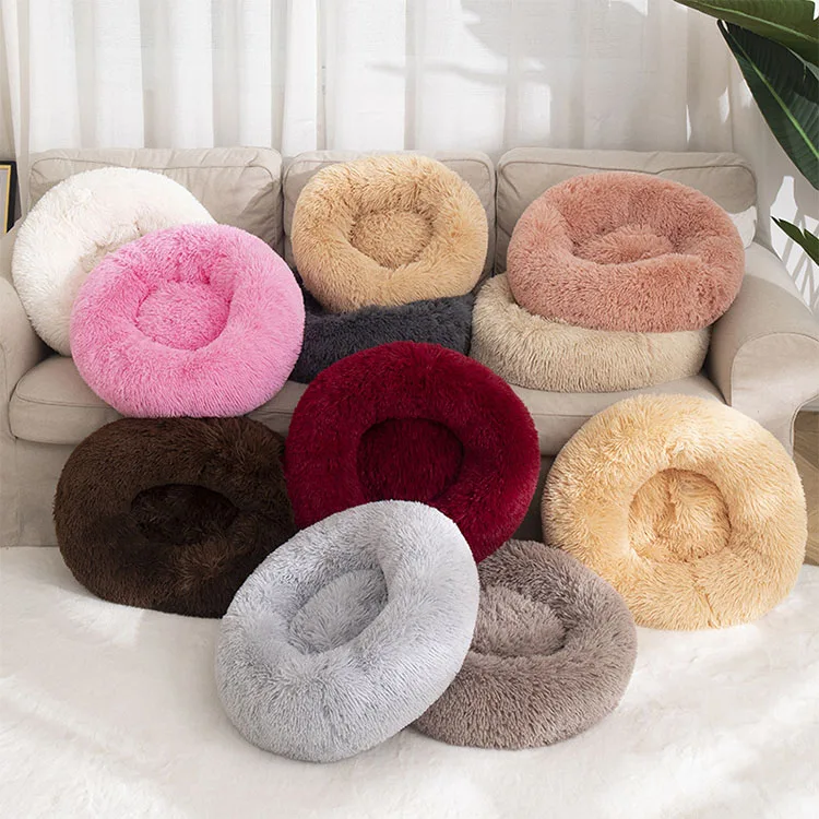 Calming Shag Vegan Faux Fur Pet BedWarm Round Donut Cuddler Luxury Animal Bed Cat Cushion cama Pet Beds for Dog