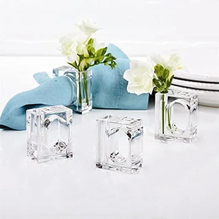 Clear Solid Acrylic Napkin Rings With Bud Flower Holder Wholesale Lucite Napkin Ring For Wedding Decor