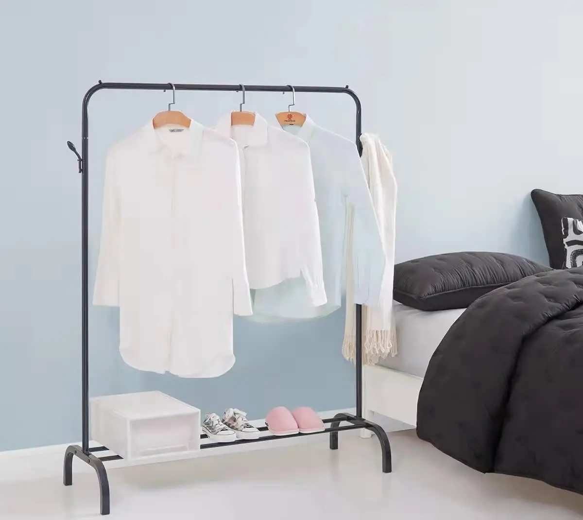 Black Garment Rack with Storage Shelves and Coat/Hat Hooks Indoor Freestanding Steel Clothes Rack for Bedroom or Living Room