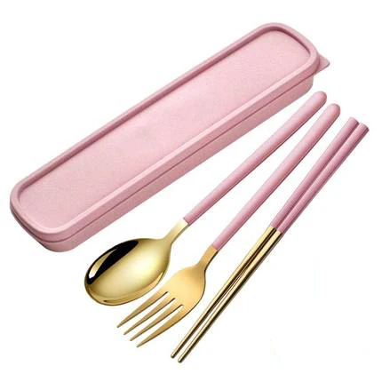 Japanese Outdoor Spoon Fork with Chopsticks 3 in 1 pink Travel Cutlery for Students