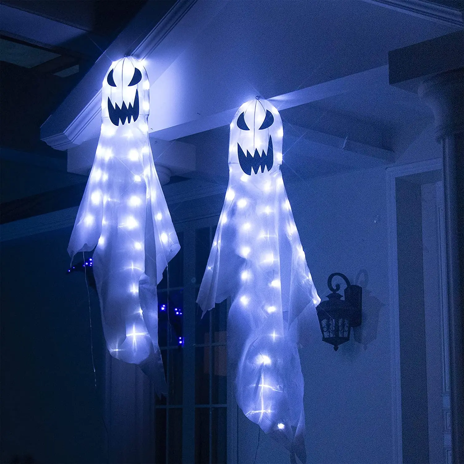 Customizable Halloween Ghost Windsock Light Hanging Halloween Flag Bendable Wire Framed with 80 White Cold Lights for Home Party
