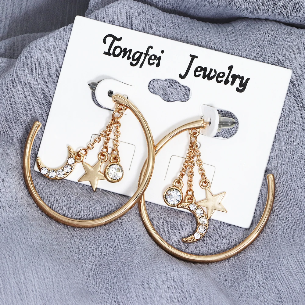 Factory Outlet Crystal Star Hoop Earrings Charm Popular Rhinestone Bezel Setting Gold Plated Earrings For Women