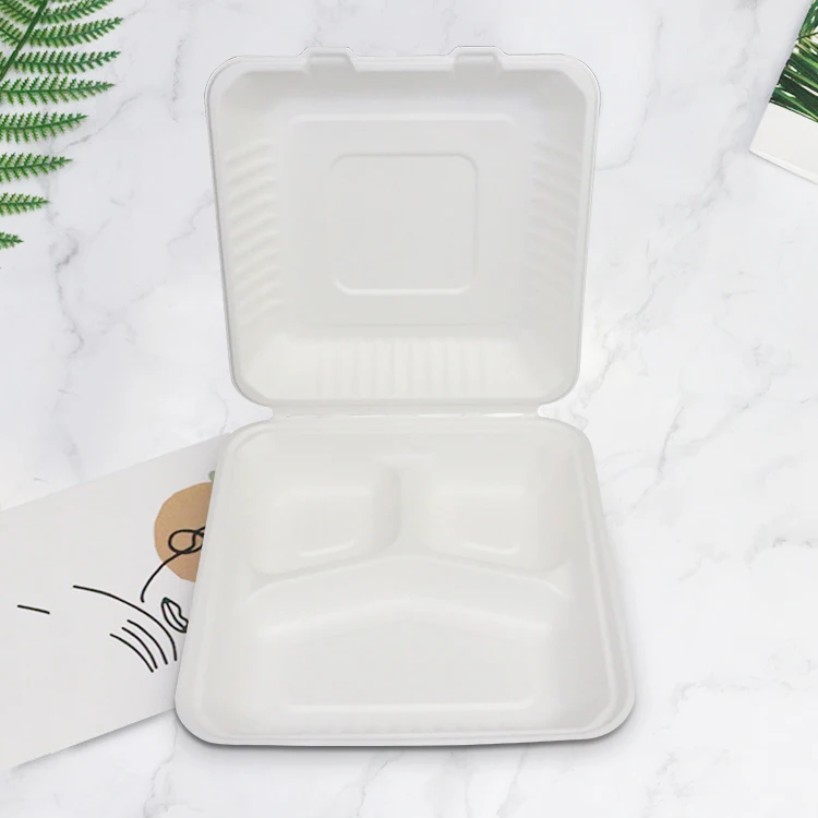 3 Compartment Hinged Clam Shell Takeaway Bagasse Biodegradable Food Containers