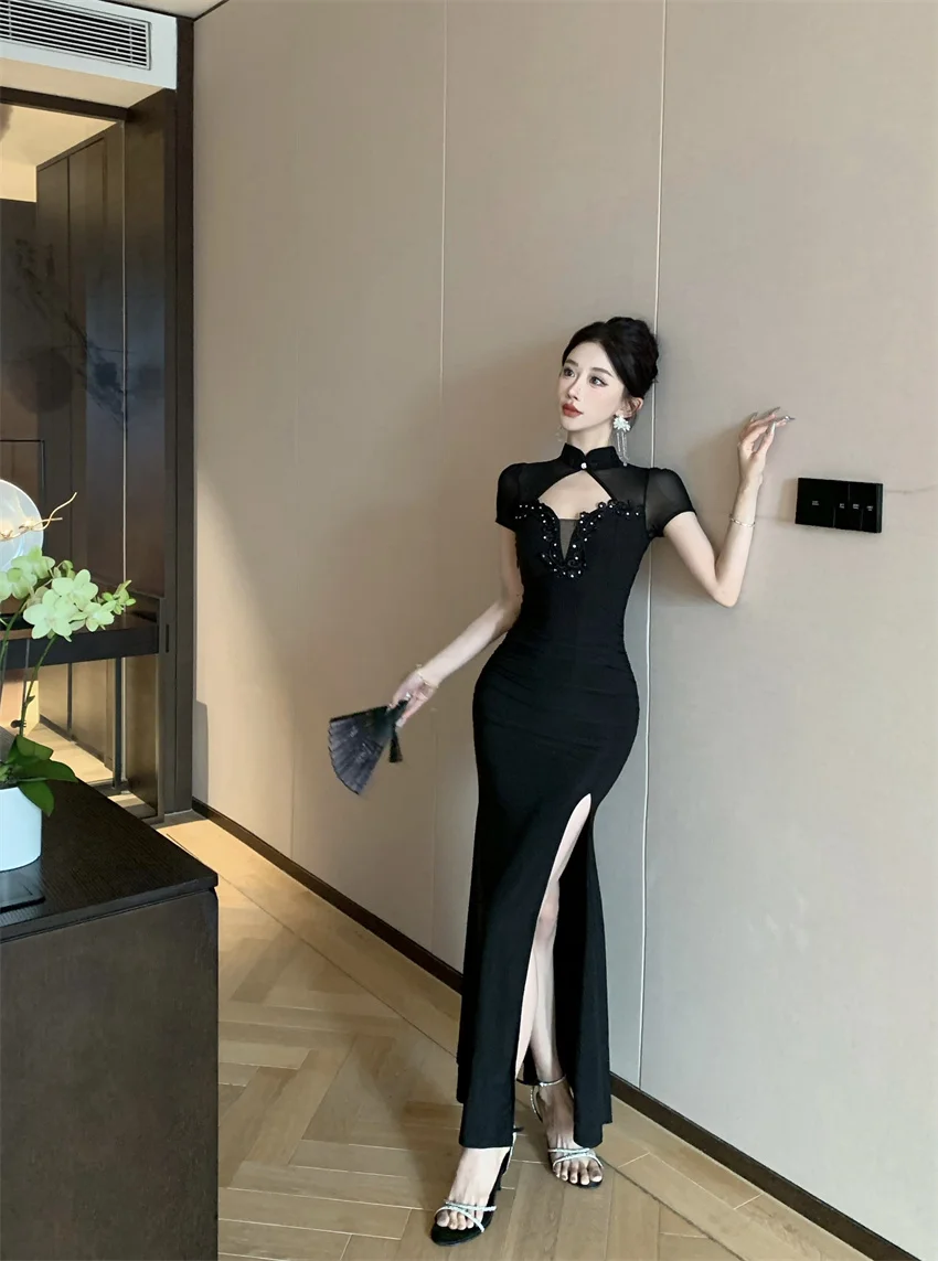 New Chinese Style Cheongsam Tulle Patchwork Beading High Slit Design Sexy Party Dress for Adults and Girls