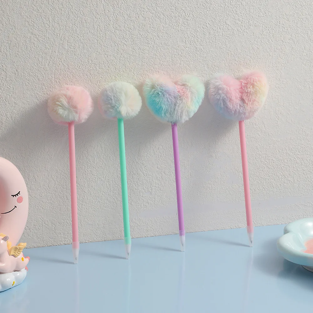 Hot Sale Ins Korean Creative Plush Shape Heart Ball Gel Pen Cute Girl Cartoon Writing Point Pen