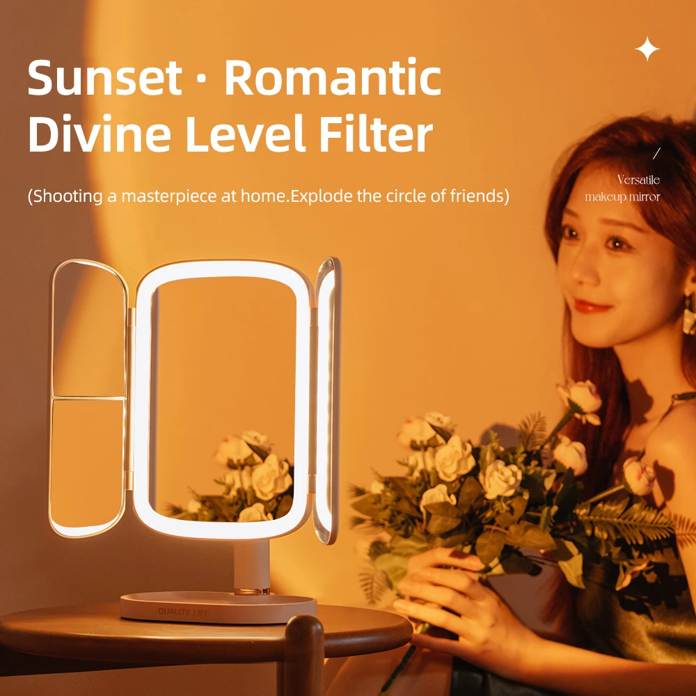 Oem Magnifying Led Makeup Mirror Screen Touch Led Lightes Trifold Magnification Foldable Makeup Mirror Espejo De Maquillaje