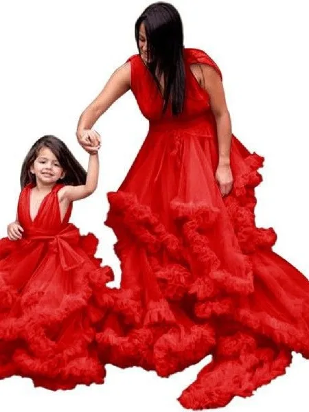 New Arrival Mother Daughter Dresses Mommy And Me Cloud Flower Chiffon Family Lo Dresses For photography Party Wear Frocks