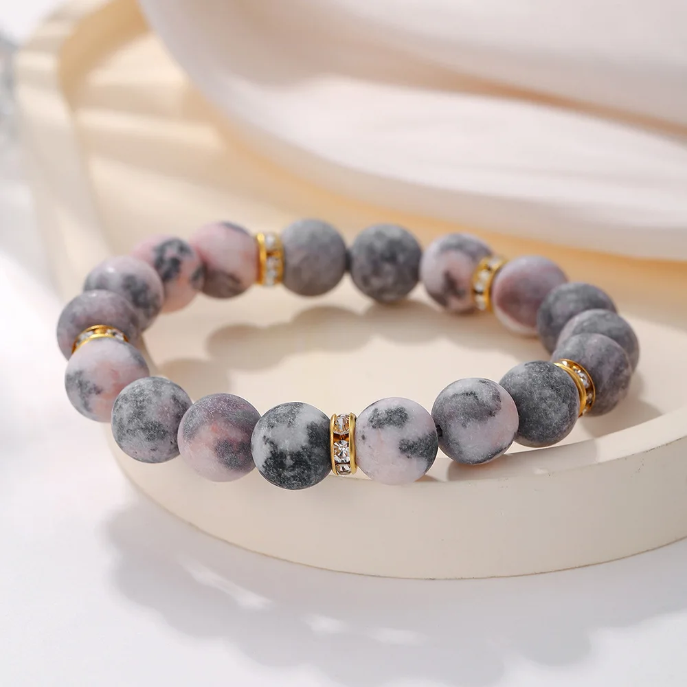 Anxiety Jewelry Pink Frosted Landscape Jasper Round Loose Beads Spacers Charm Healing Natural Stone Bead Bracelets for Women Men