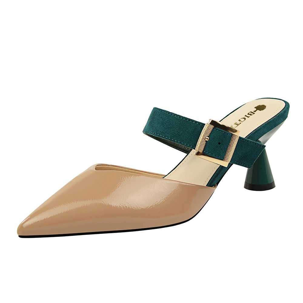 
906-2 Fashion with high-heeled patent leather shallow mouth pointed color word belt buckle buckle Baotou half slippers 