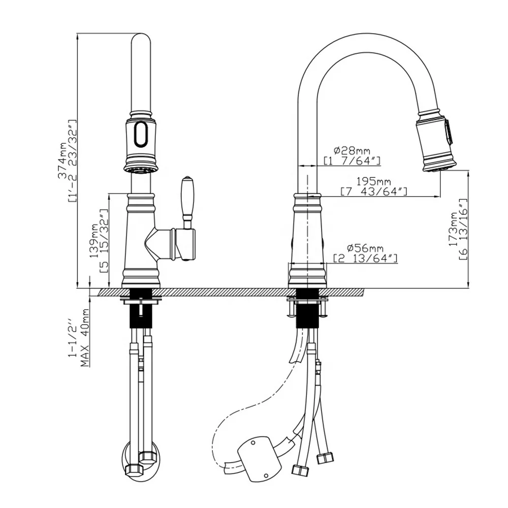 Customized Retro Vintage Pull out Sprayer Head Kitchen Sink Faucet Tap Hot Cold Water Saving with Customized Casting Design