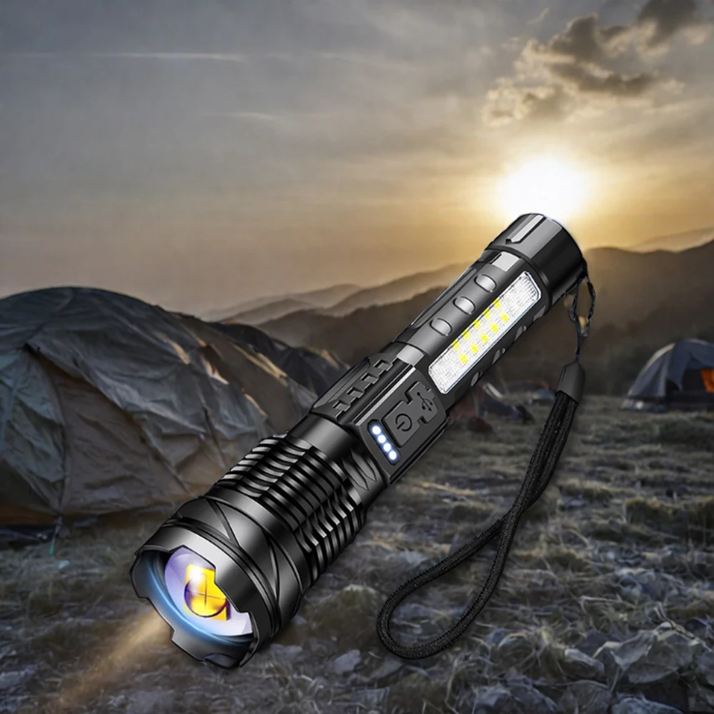A76 20000 Lumen High Power Flashlight Side LED Red Light Work Lights Zoom Zoom Focus Rechargeable Hand Torch with Power Display
