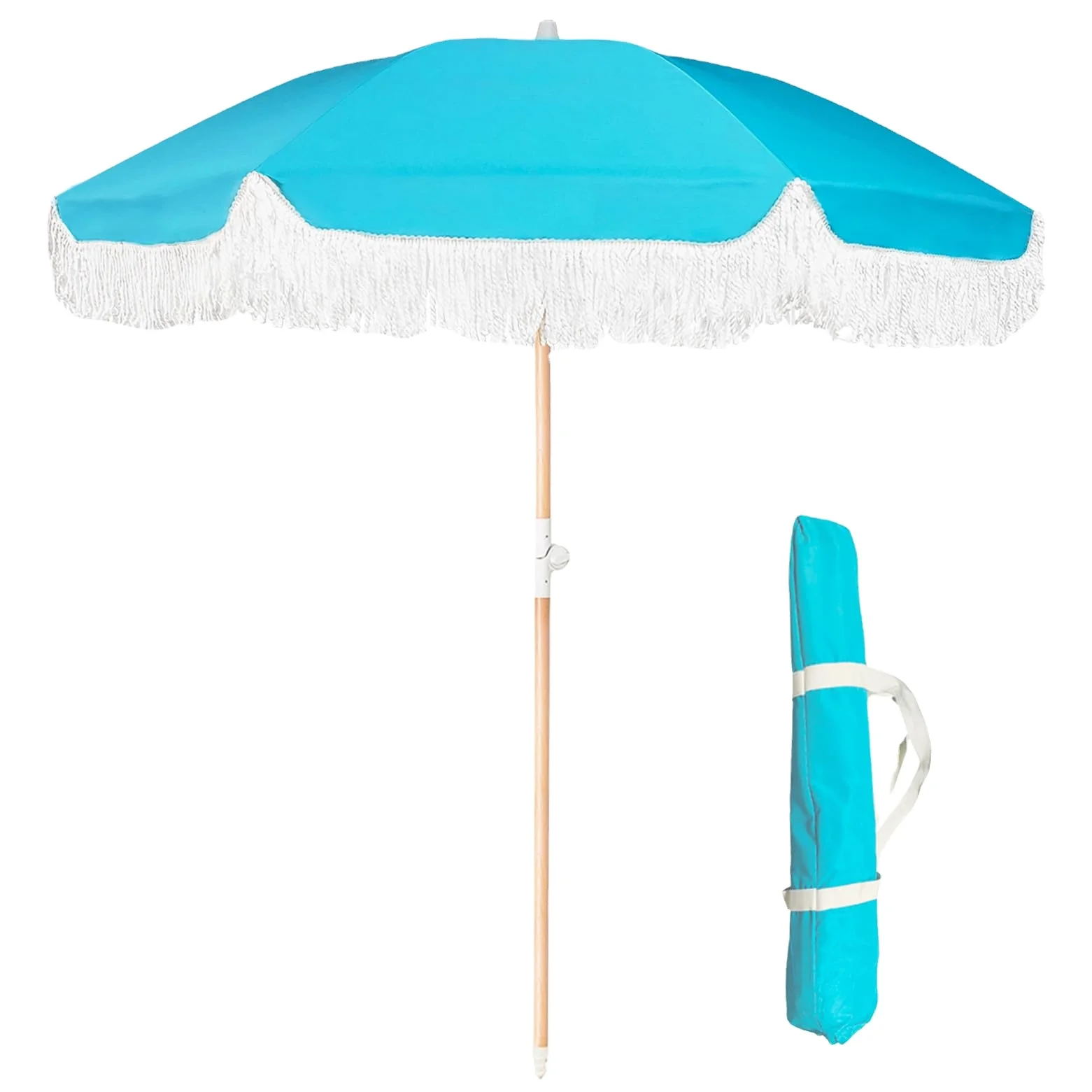 Stripe Premium Outdoor Vintage Wooden Fringe Sun Beach Umbrella Outdoor Furniture Beach Umbrella with Tassels Garden Umbrella