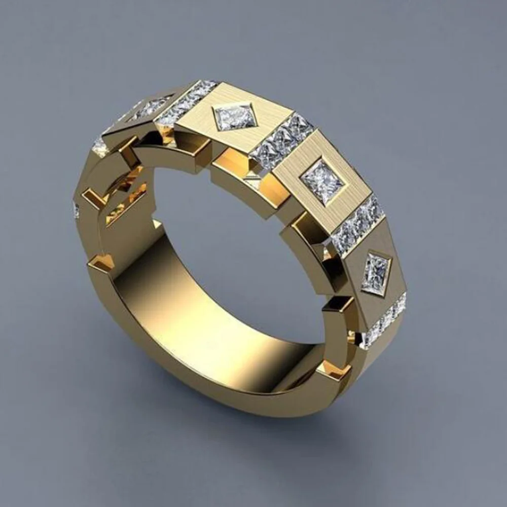 
Huitan Latest Hot Mens Gold Square Ring Many Tiny Zircon Stone Full Around Male Luxury Gold Ring For Men 