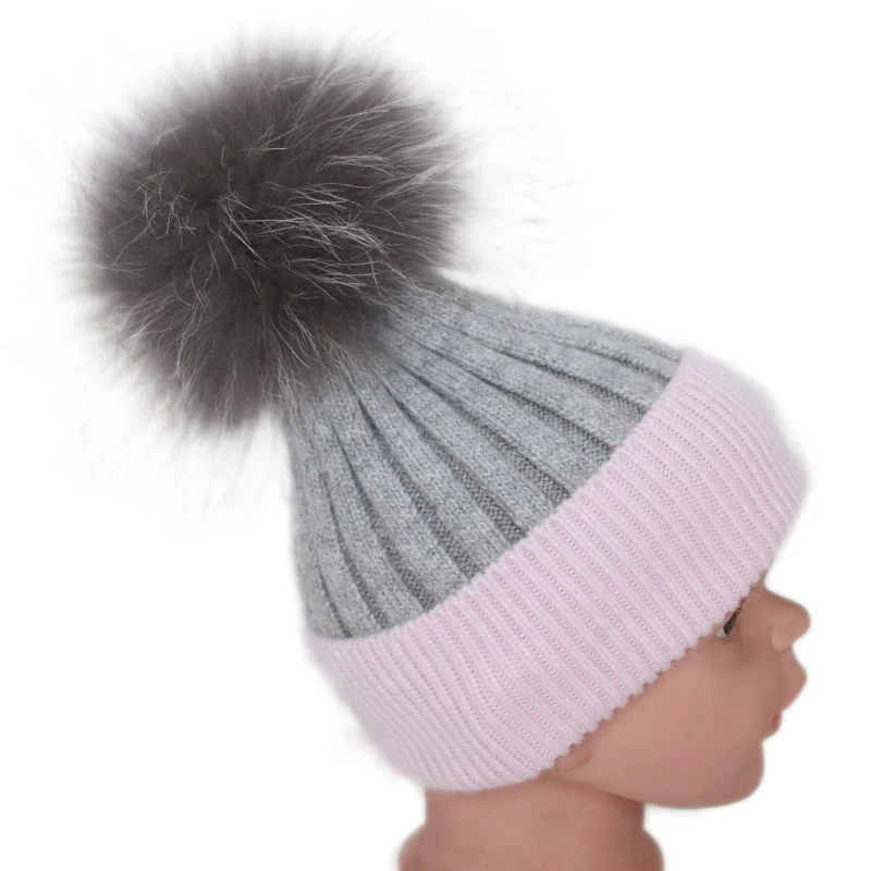 Baby soft winter fur bobble hats removable raccoon fur ball angora hats bi color children knitted hats