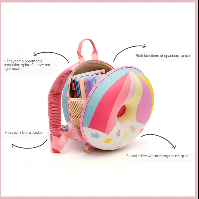 
High Quality PU EVA Shell Round Backpack Cute Kawaii Pink Rainbow Donut Backpacks Kid Bag Child Toddler Bagpack For Boys girls 