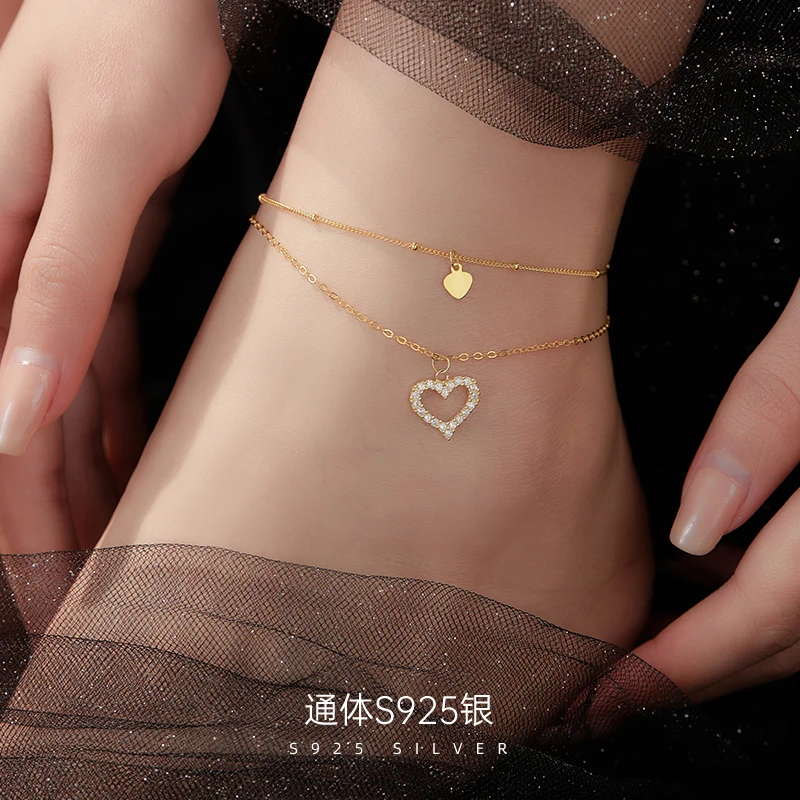 925 Sterling Silver Jewelry Gold Rhodium Plated Zircon Double Layer Heart Anklet Bracelet  Foot Chain For Women