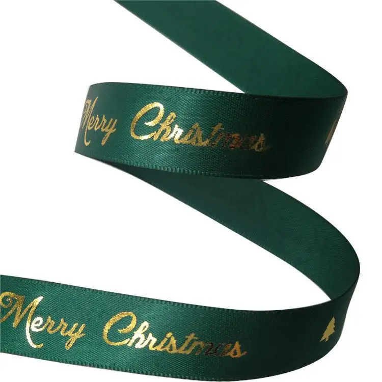 Good quality custom logo foil printed gold glitter satin ribbon
