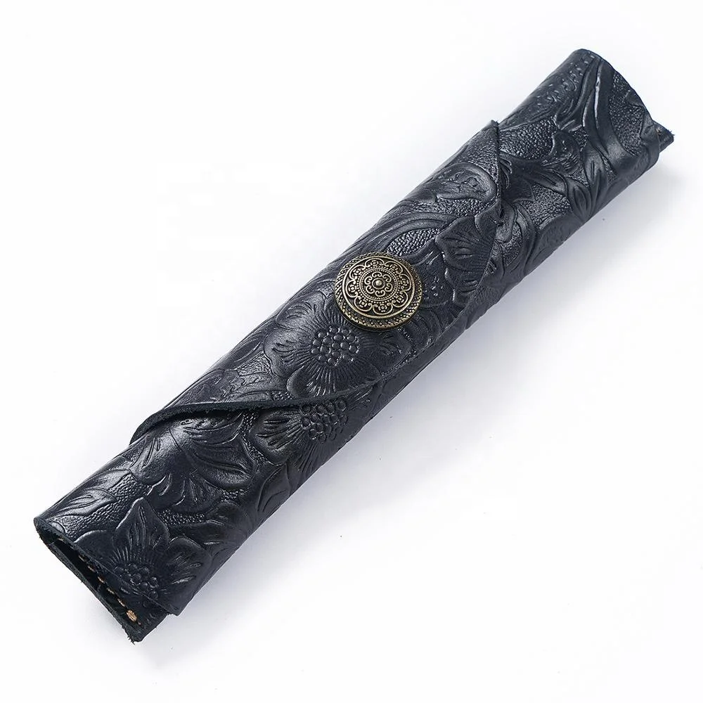 Valentine gifts 2020 oil leather patterns roll up pen case  pencil organizer for men and women