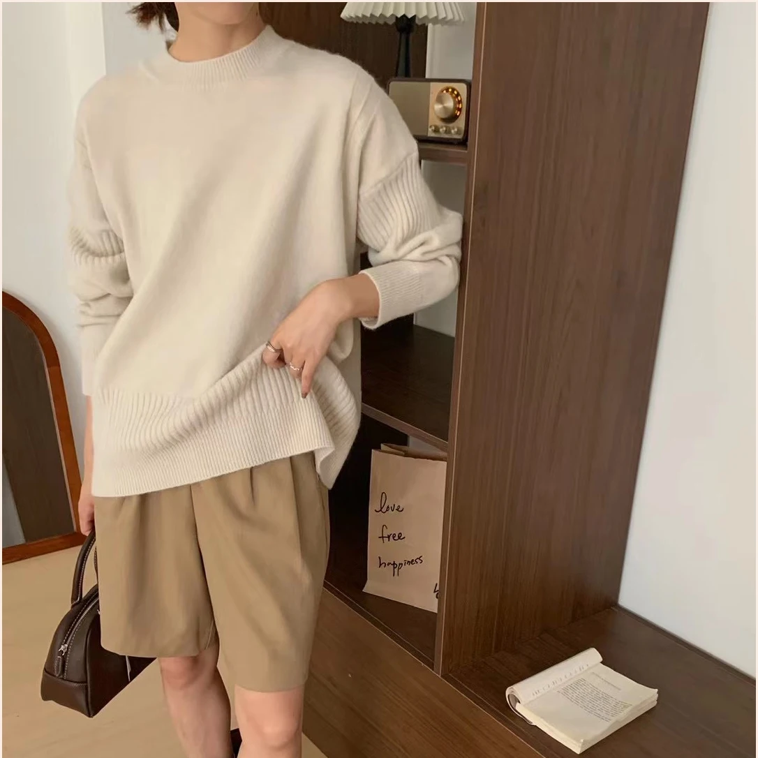 2024 Spring women high quality crew neck morandi color  long sleeve oversize cable knit pullover sweater jumper
