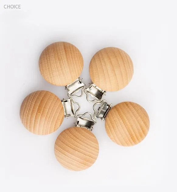 wholesale round custom 30mm wooden baby pacifier clip