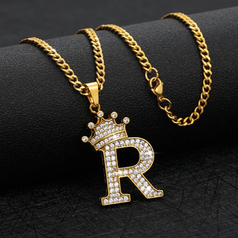 Crown Letter Queen Necklace Diamond Initial Pendant CZ Long Chain Necklace Ice Our Alphabets Charms