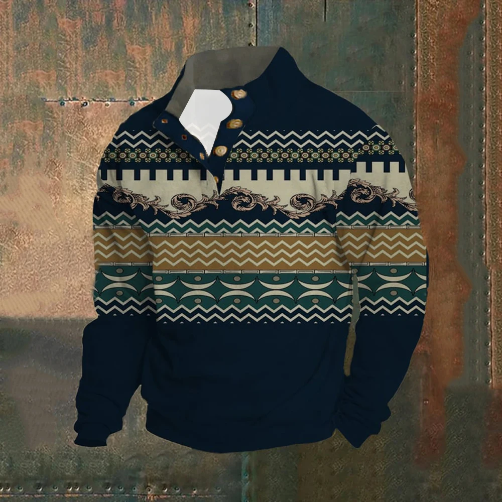 Western style Viking Custom 3D Print Sweatshirt Stand Collar Button Patchwork Pullover Sweatshirt Hoodie For Men